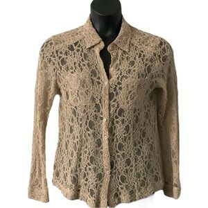Nootropics Tan Beige Eyelet Lace Blouse SZ L Women Long Sleeve  Feminine Sexy